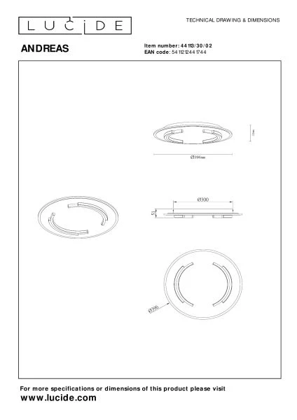 Lucide ANDREAS - Deckenleuchte - Ø 39,6 cm - LED - 1x30W 2700K - Mattes Gold / Messing - technisch